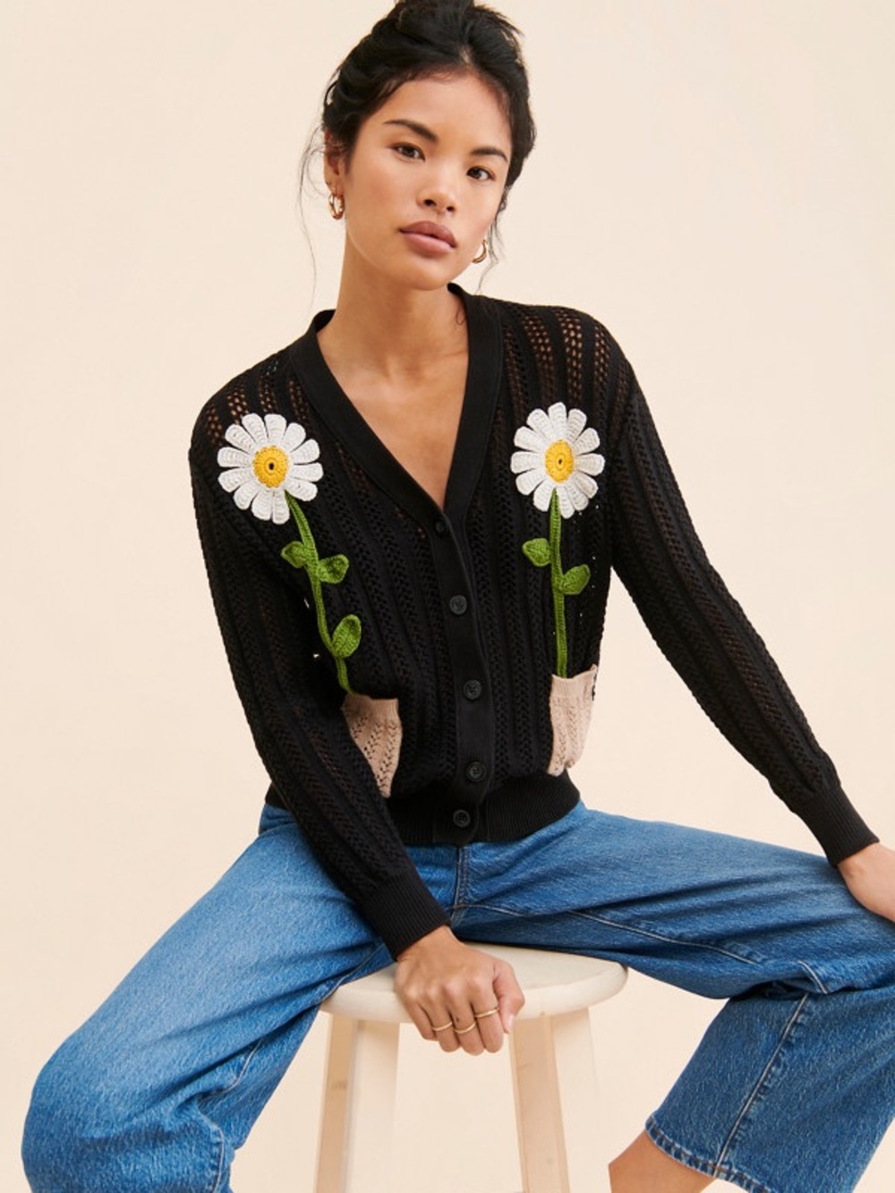 Small Moschino Black Crochet Cardigan with Daisy Appliqués